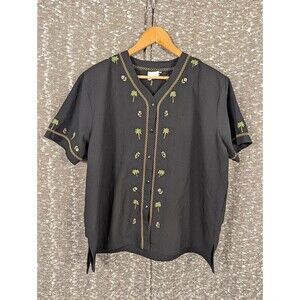 Bonworth Embroidered Floral Vacation Hawaiian‎ Button Up Short Sleeve Blouse